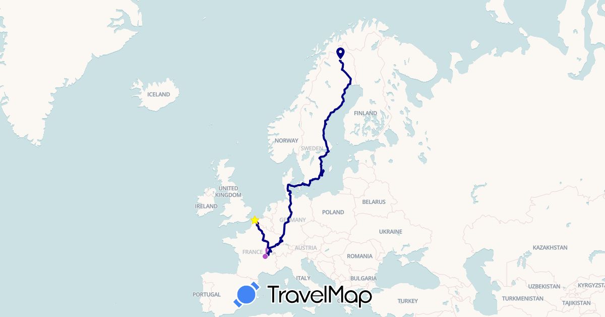 TravelMap itinerary: driving, train in Germany, Denmark, France, Sweden (Europe)